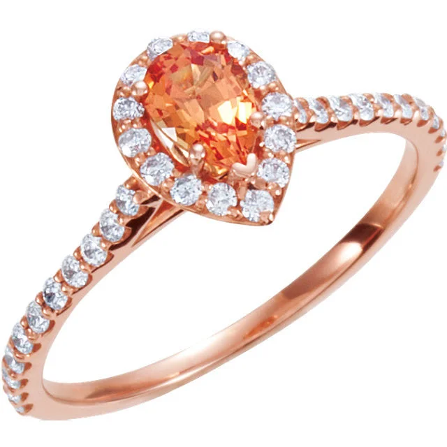 Ladies Engagement Rings with Tanzanite Glow-14k Rose Gold Pear Lab Created Padparadscha Sapphire & Diamond Halo Engagement Ring