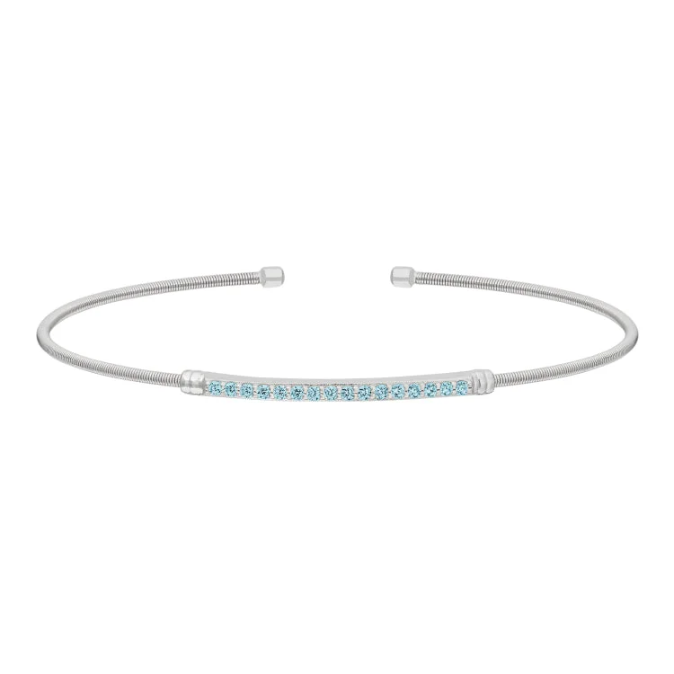 Gritty punk bracelets -Rhodium Finish Sterling Silver Cable Cuff Bracelet with Simulated Aquamarine Birth Gems - March