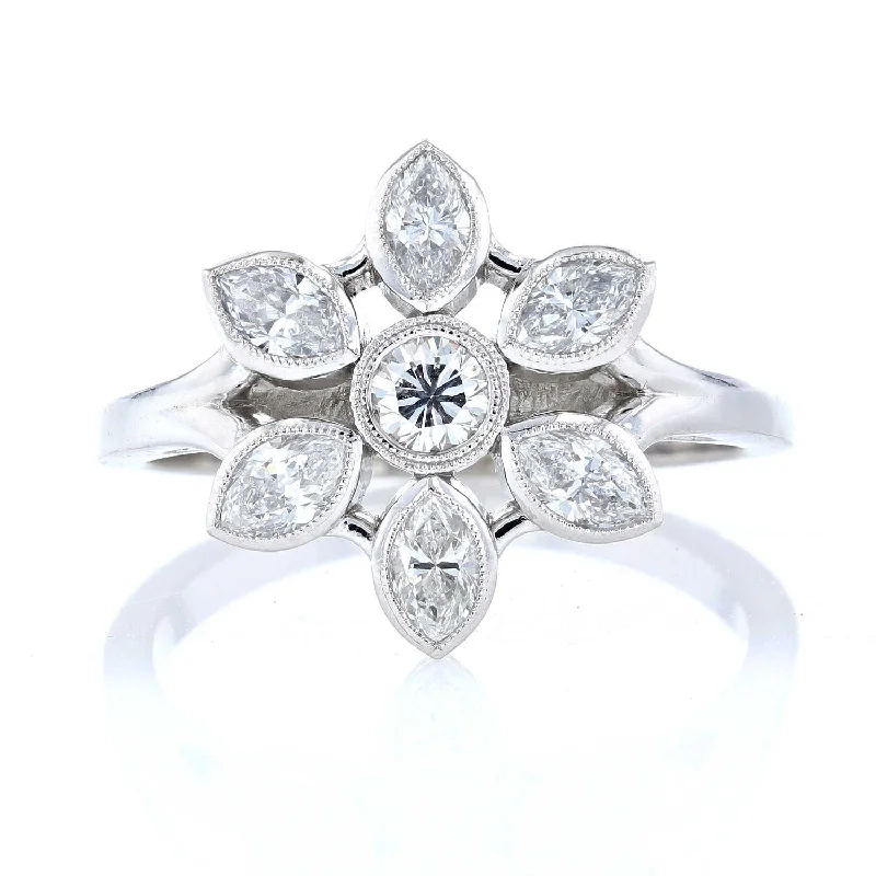 Ladies Engagement Rings Geometric Shine-White Gold Diamond Flower Milgrain Engagement Ring