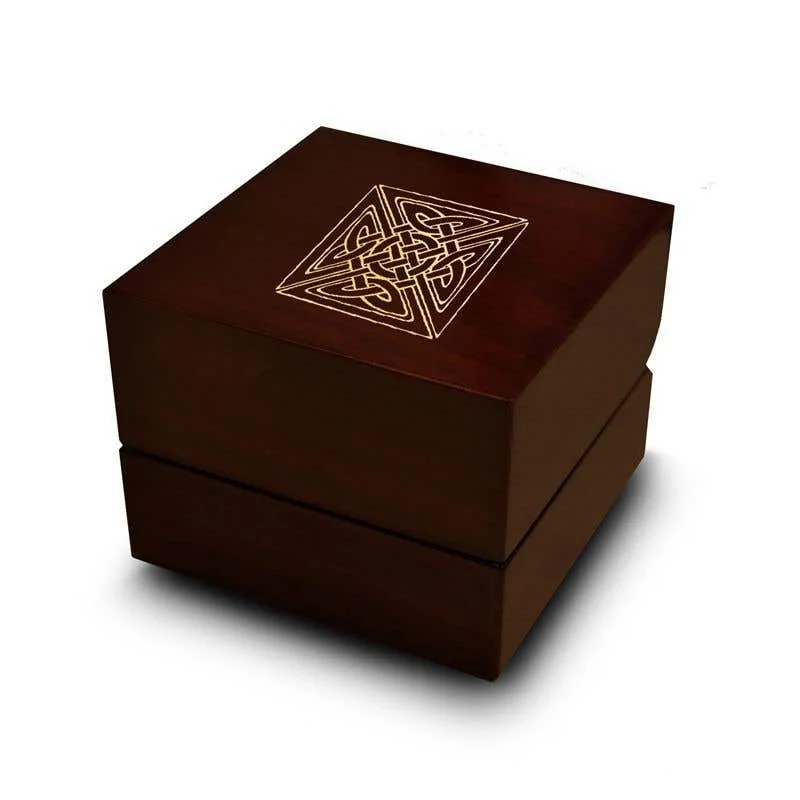 Ladies Engagement Rings with Brookite Spark-Detailed Celtic Knot Engraved Wood Ring Box Chocolate Dark Wood Personalized Wooden Wedding Ring Box