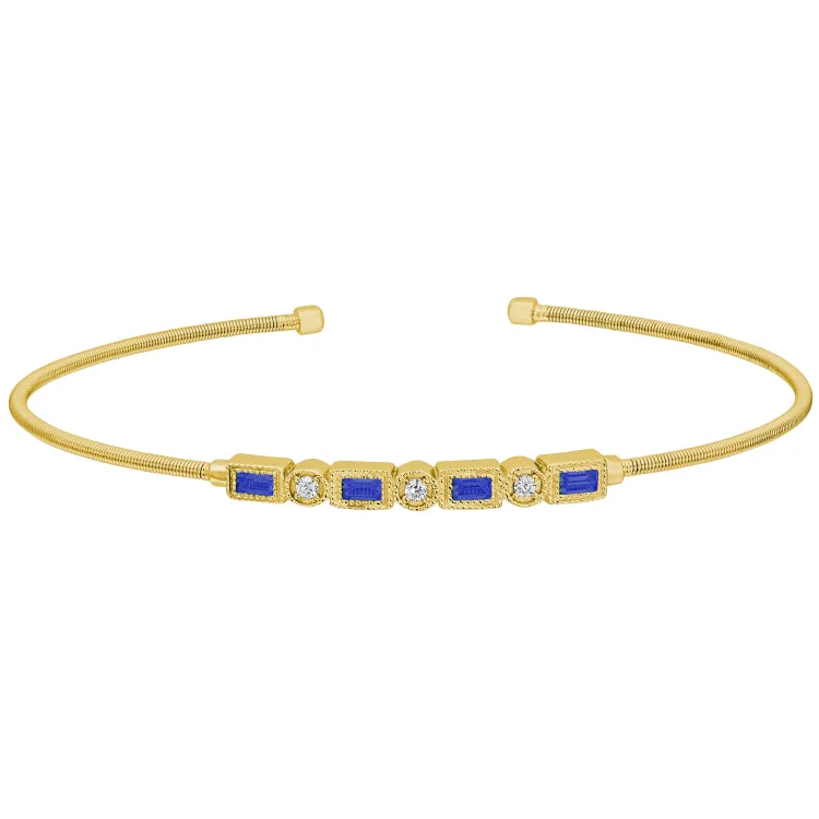 Bespoke custom bracelets -Gold Finish Sterling Silver Cable Cuff Bracelet with Simulated Sapphires and Simulated Diamonds