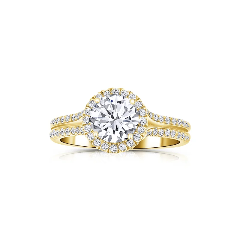 Ladies Engagement Rings with Pollucite Spark-14K Yellow Gold Round 1.20 Carat Diamond Halo Split Shank Engagement Ring