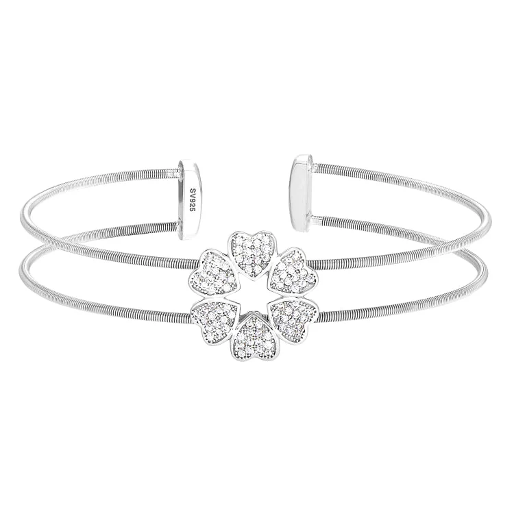 Keepsake charm bracelets -Rhodium Finish Sterling Silver Two Cable Cuff 5 Hearts Bracelet with Simulated Diamonds