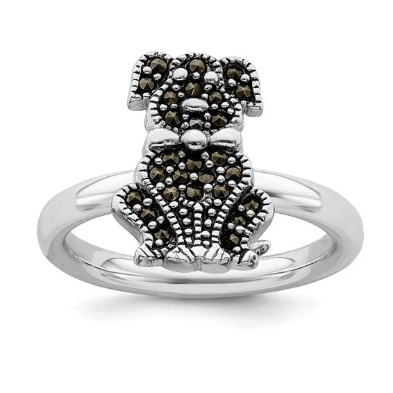 Ladies Rings with Sea Beryl-Sterling Silver Stackable Expressions Marcasite Dog Ring