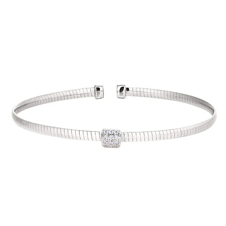 Enamel splash bracelets -Rhodium Finish Sterling Silver Omega Cable Cuff Bracelet with Central Square with Simulated Diamonds