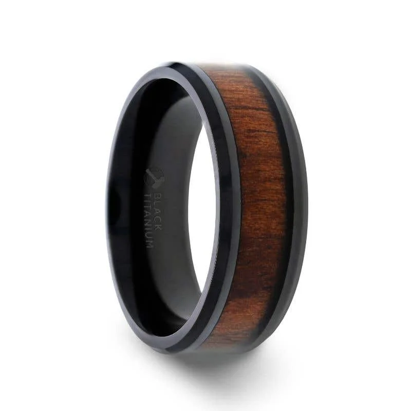 Ladies Engagement Rings with Quartz Glow-Thorsten KONY Black Titanium Polished Beveled Edges Black Walnut Wood Inlaid Men’s Wedding Ring - 6mm & 8mm