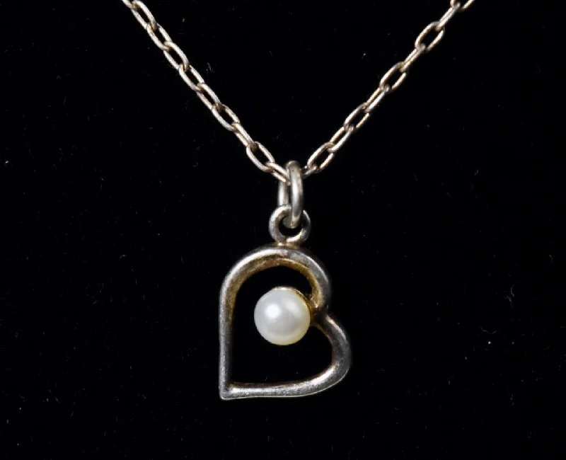 Ladies muted tone necklaces -Sterling Silver Pearl Heart Pendant on Sterling Silver Chain Necklace