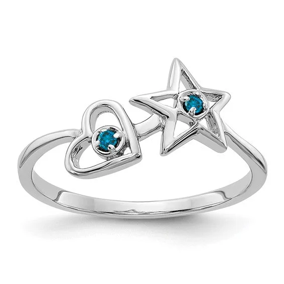 Ladies Rings for Mom Shine-14k White Gold Blue Diamond Heart and Star Ring