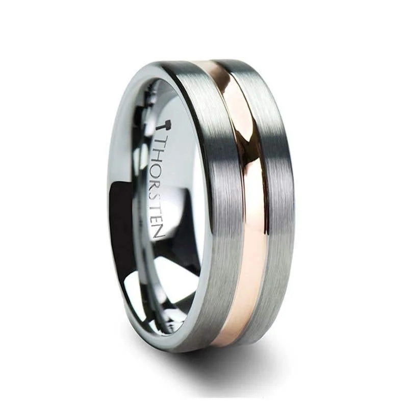 Ladies Rings with Compass Glow-Thorsten ZEUS Flat Brushed Finish Tungsten Carbide Ring with Rose Gold Plated Groove - 4mm - 10mm