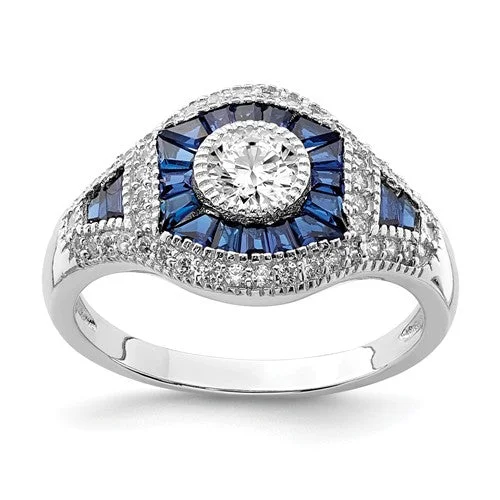 Ladies Rings with Blue Sapphire-Sterling Silver Created Blue Spinel And CZ Ring