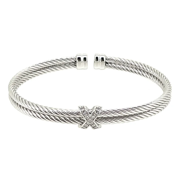 Dragon breath bracelets -Rhodium Finish Sterling Silver Twisted Double Cable Cuff  Bracelet With a Rhodium Finish X with Simulated Diamonds