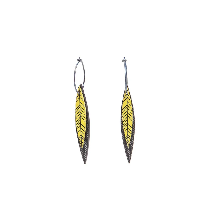 Ladies Earrings with Lavender Lepidolite-Lene Lundberg K Form Chartreuse/Black Thin Veined Long Leaf Earrings