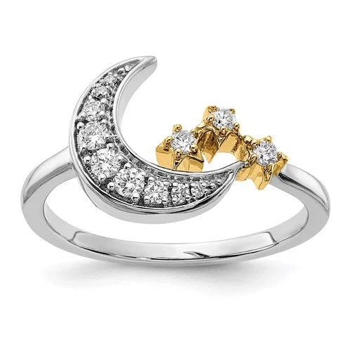 Ladies Rings Braided Shine-14k White and Yellow Gold Moon with Stars Diamond Ring