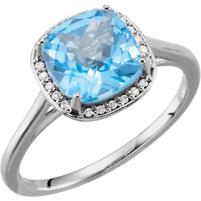 Ladies Rings for Doctor Spark-14k Gold 8mm Cushion Cut Swiss Blue Topaz & Diamond Halo Ring