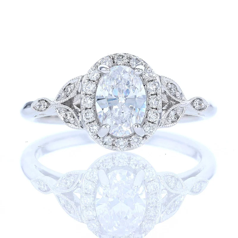 Ladies Engagement Rings with Orbit Diamond-Oval Diamond Halo Engagement Ring