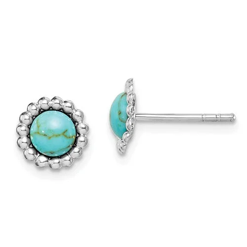 Ladies Earrings with Aqua Hemimorphite-Sterling Silver Round Created Turquoise Beaded Post Earrings