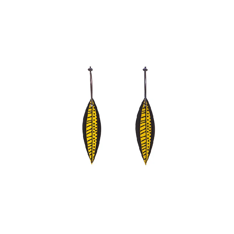 Ladies Earrings with Grey Hematite-Lene Lundberg K Form Chartreuse/Black Thin Veined and Spotted Leaf Earrings