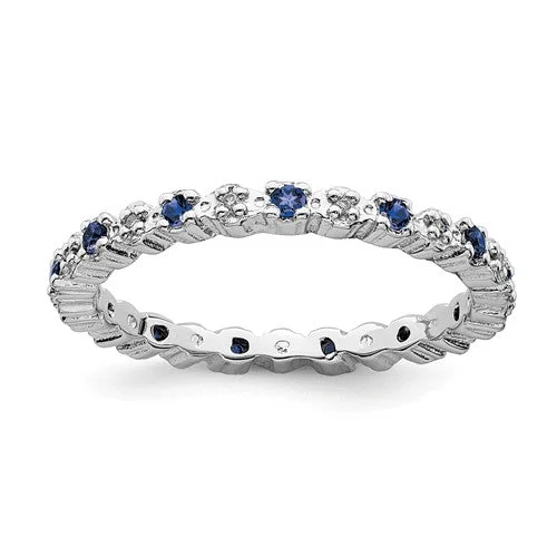 Ladies Rings Dark Glow-Sterling Silver Stackable Expressions Blue Sapphire & Diamond Alternating Eternity Ring