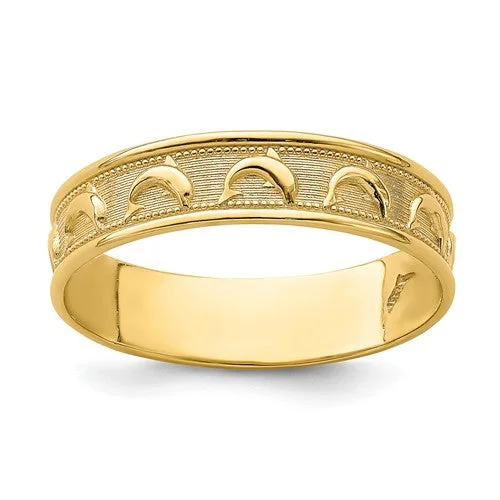 Ladies Rings with Sky Topaz-14K Yellow Gold Dolphin Engraved Polished and Textured Thumb Ring