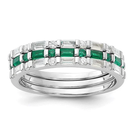 Ladies Rings for Artist Glow-Sterling Silver Imitation Emerald and CZ 3 Ring Set