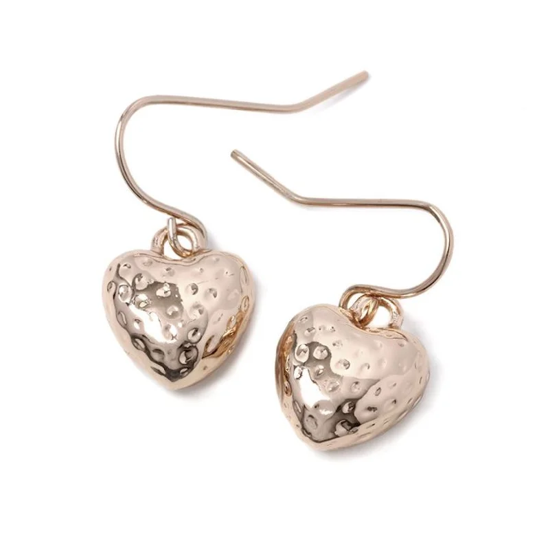 Ladies Earrings Gift Glow-Pom Rose Gold Plated Hammered Heart Drop Earrings