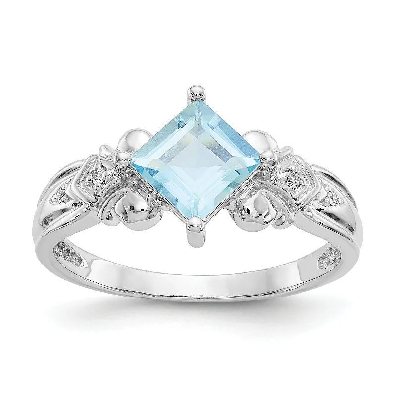 Ladies Rings with Moon Shine-10k White Gold 6mm Square Princess Genuine Aquamarine & Diamond Ring