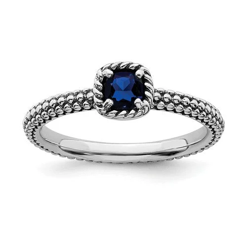 Ladies Rings for Elder Shine-Sterling Silver Stackable Expressions Created Blue Sapphire Cushion Ring