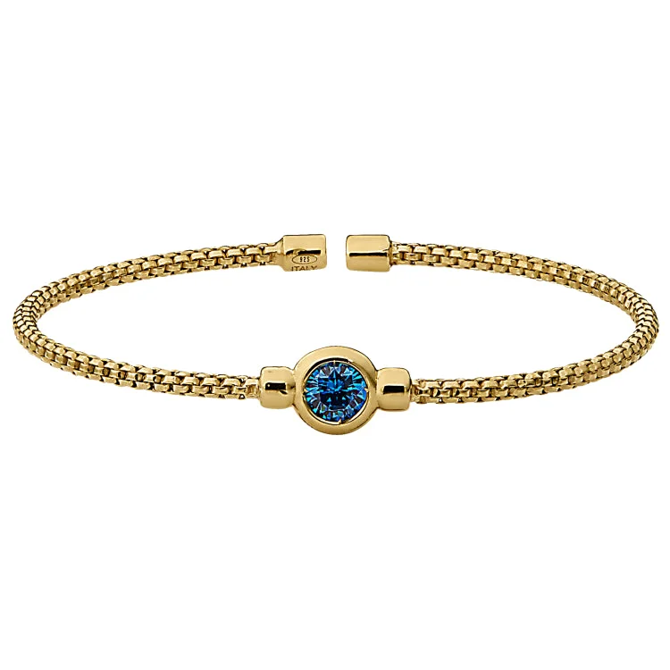 Rich ruby bracelets -Gold Finish Sterling Silver Rounded Box Link Cuff Bracelet with Bezel Set Simulated Blue Topaz Birth Gem