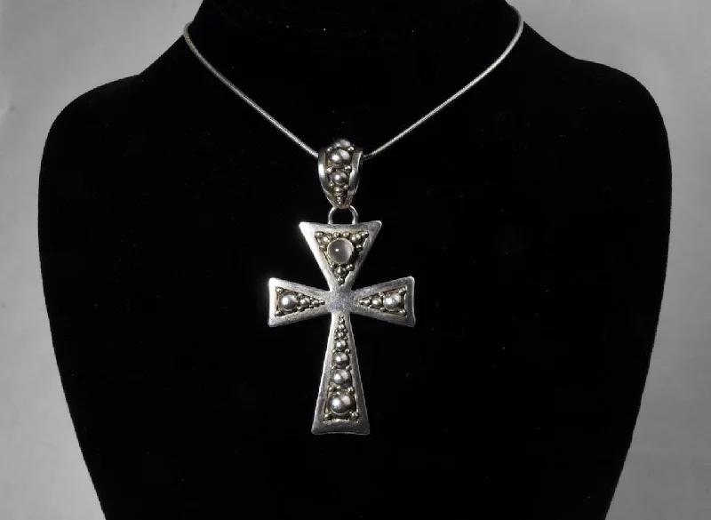 Ladies distinctive unique necklaces -Large Heavy Sterling Silver Crucifix Pendant with Moonstone on Sterling Silver Chain Necklace