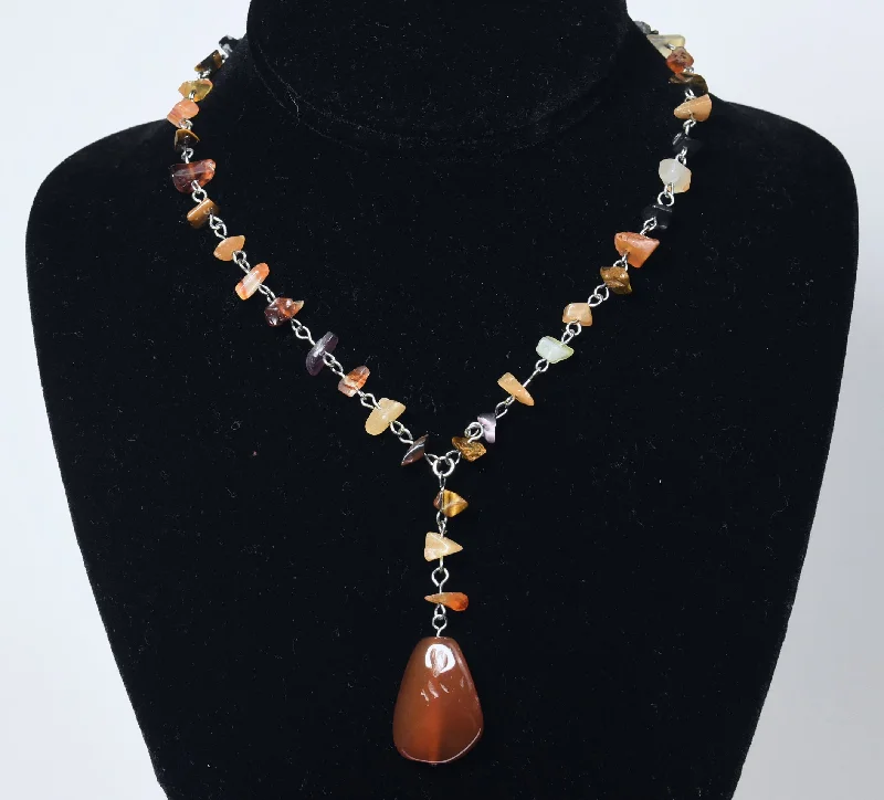 Ladies Valentine’s passion necklaces -Carnelian Pendant on Silver Chain Stone Chip Bead Station Necklace