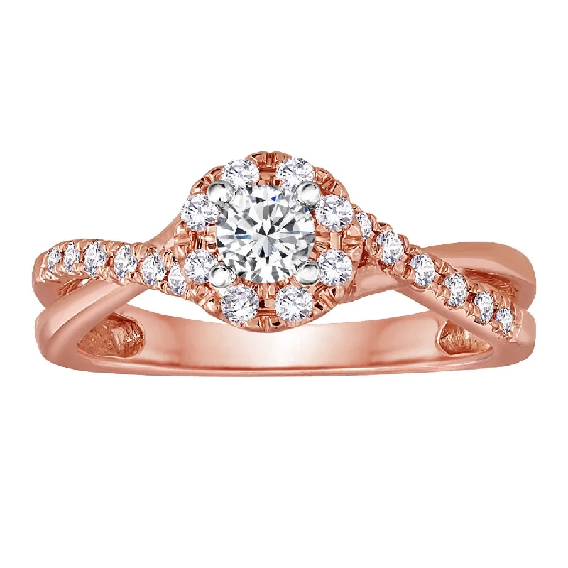 Ladies Engagement Rings Asscher Glow-14KT Rose Gold Cross Shank Halo Engagement Ring - BLISS6-E-Size 8.5