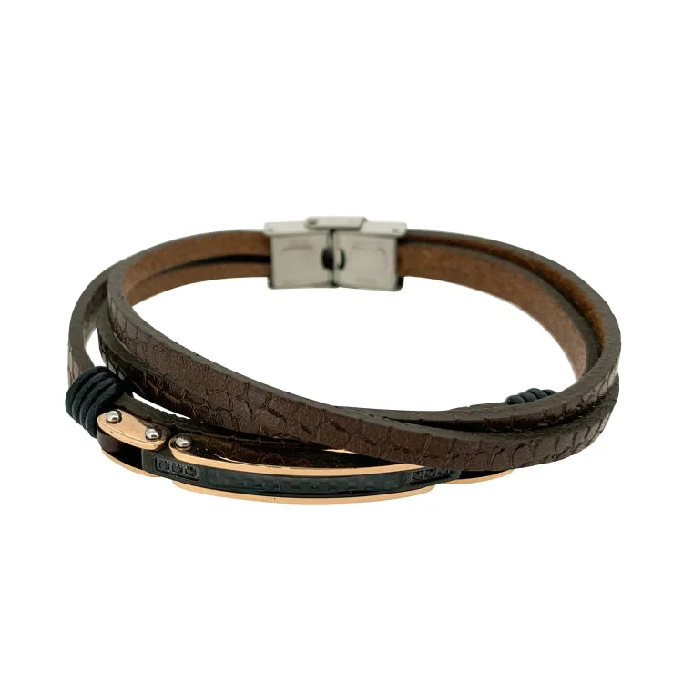 Starry veil bracelets -Brown Leather 3 Cord Bracelet With Central Gold And Black Steel Bar