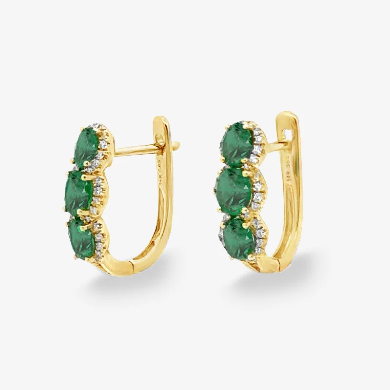 Ladies Earrings with Pure Okenite-Emerald & Diamond U-Hoop Huggie Earrings