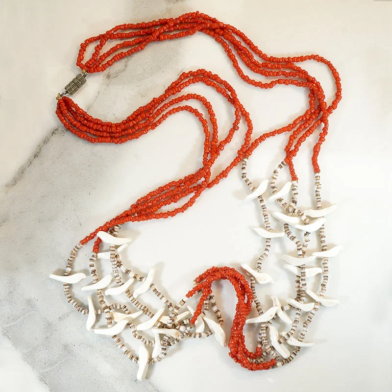 Ladies baroque splendor necklaces -White Birds on Red Glass Bead Fetish Necklace