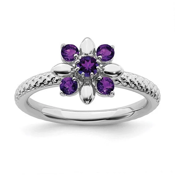 Ladies Rings with Royal Lapis-Sterling Silver Stackable Expressions Amethyst Flower Ring