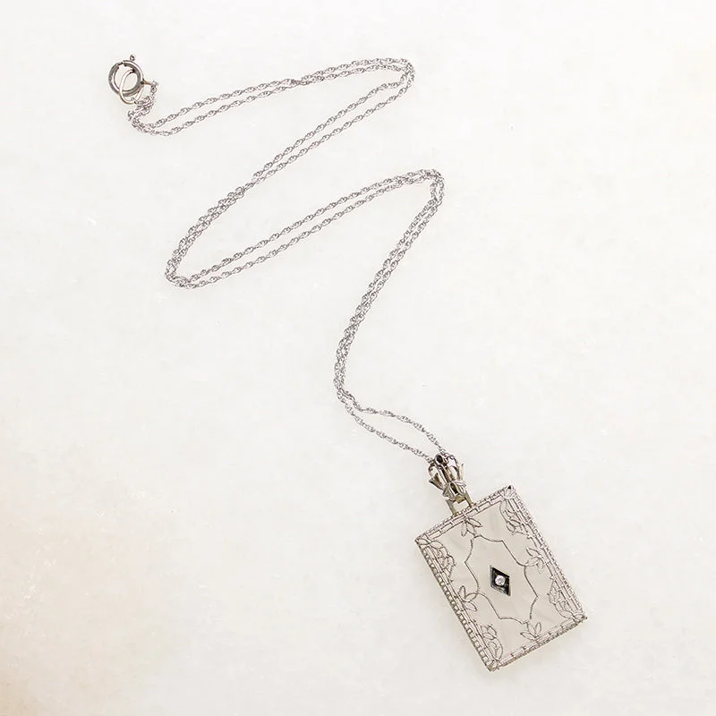 Ladies compass path necklaces -Camphor Glass Necklace with Diamond & White Gold Filigree