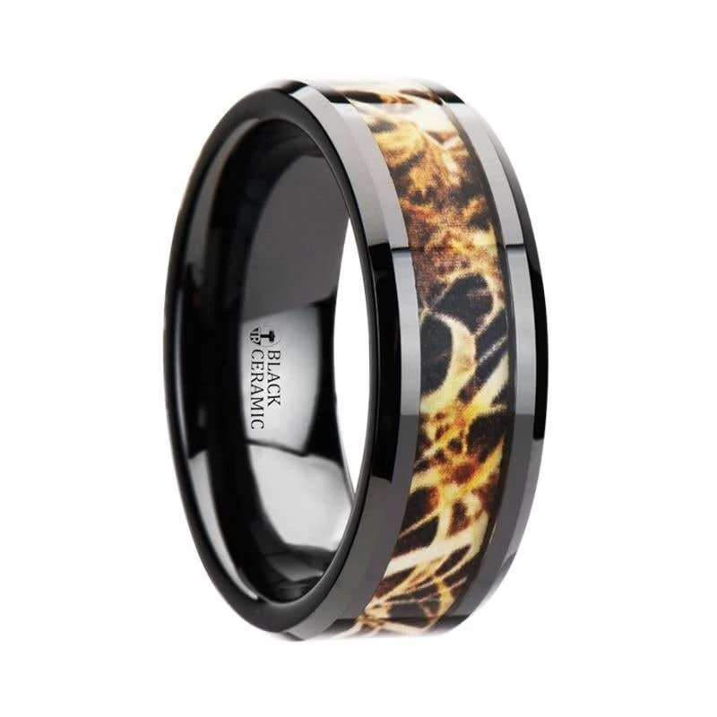 Ladies Engagement Rings with Stichtite Shine-Thorsten TUNDRA Black Ceramic Wedding Band with Leaves Grassland Camo Inlay Ring - 8mm