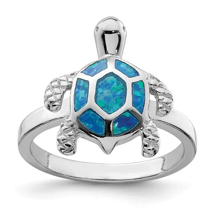 Ladies Rings for Mom Shine-Sterling Silver Created Blue Opal Turtle Ring