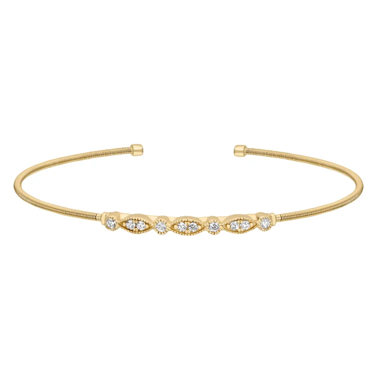 Mountain peak bracelets -Gold Finish Sterling Silver Cable Cuff Bracelet with Simulated Diamond Marquis & Round Design