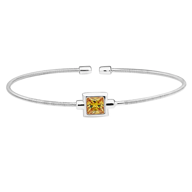 Poised elegance bracelets -Rhodium Finish Sterling Silver Cable Cuff Bracelet with Princess Cut Simulated Citrine Birth Gem