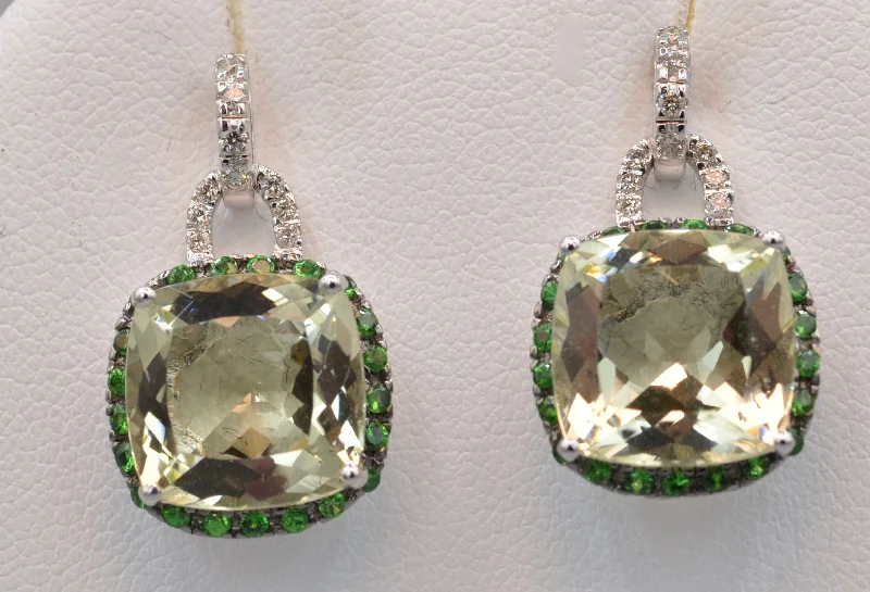 Ladies Earrings for Beach Spark-Green Quartz and Diamond Earrings Trimmed with Green Garnets