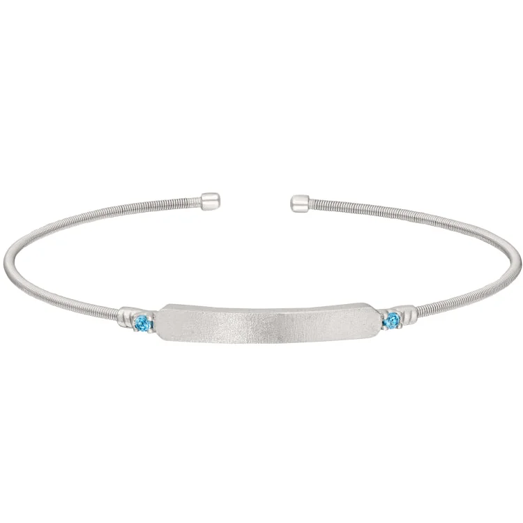 Birthday sparkle bracelets -Rhodium Finish Sterling Silver Cable Cuff Bracelet with Name Plate and Simulated Aquamarine Birth Gems - March