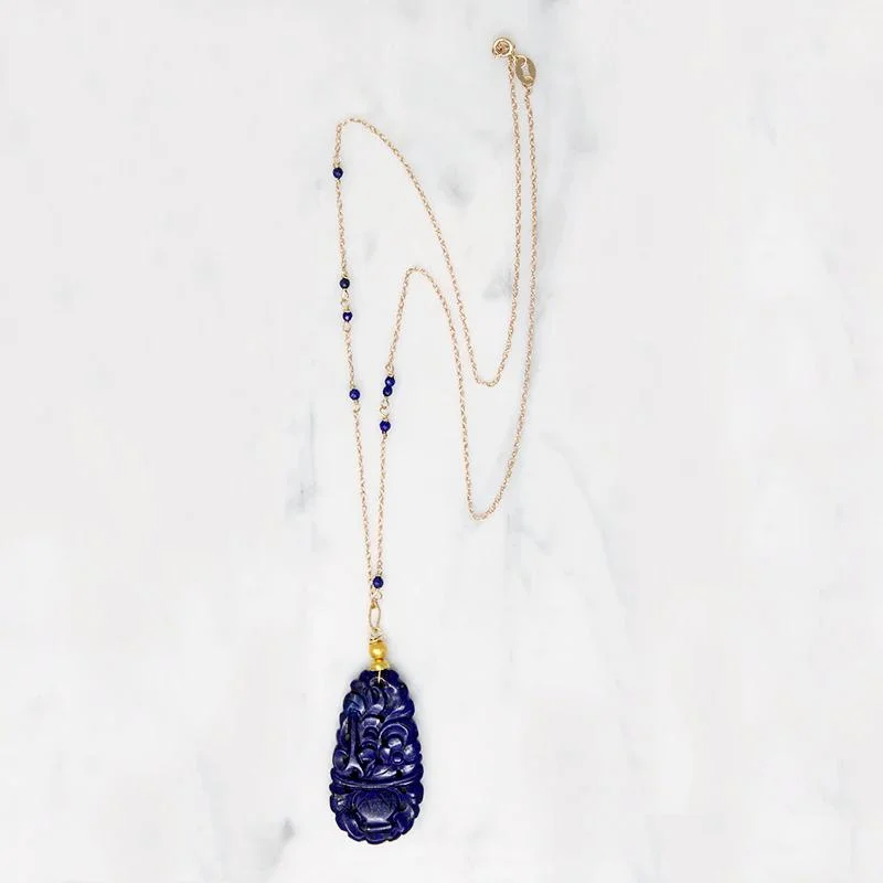 Ladies planetary orbit necklaces -Magnificent Carved Lapis & Gold Necklace by brunet