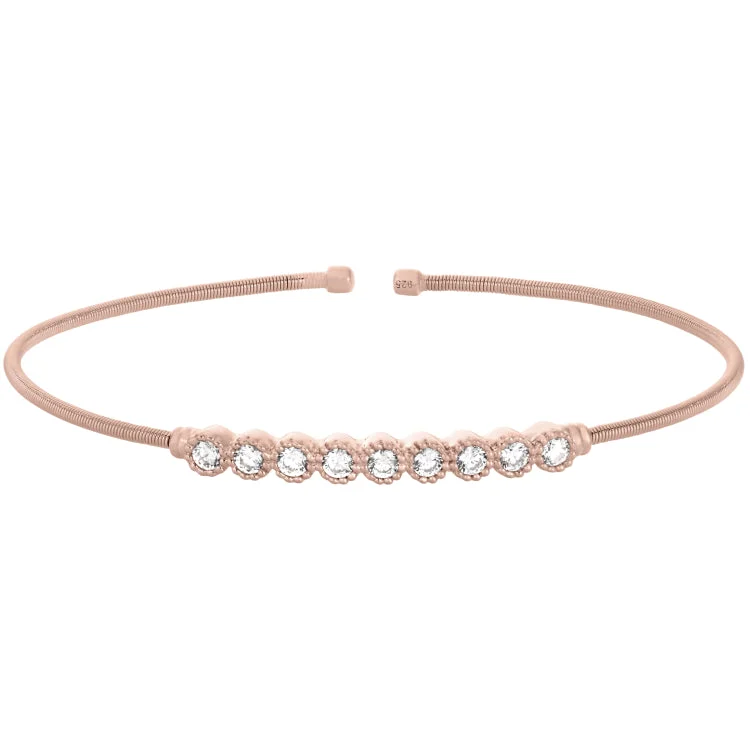 Blissful charm bracelets -Rose Gold Finish Sterling Silver Cable Cuff Bracelet with Beaded Bezel Set Simulated Diamonds