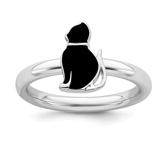 Ladies Rings with Gold Milarite-Sterling Silver Stackable Expressions Black Enameled Cat Ring