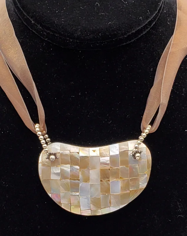 Ladies daring edge necklaces -Vintage Mosaic Mother of Pearl Breast Plate Pendant Ribbon Necklace