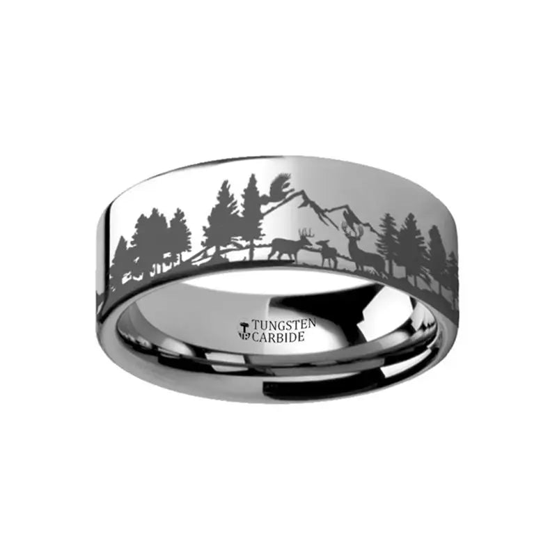 Ladies Rings Gift Glow-Thorsten Animal Landscape Scene Reindeer Deer Stag Mountain Range Ring Engraved Flat Tungsten Ring - 4mm - 12mm