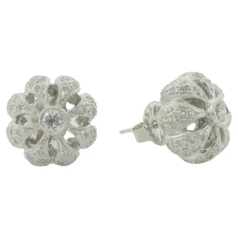 Ladies Earrings with Crystal Shine-Diamond Floral Earrings in 18k White Gold