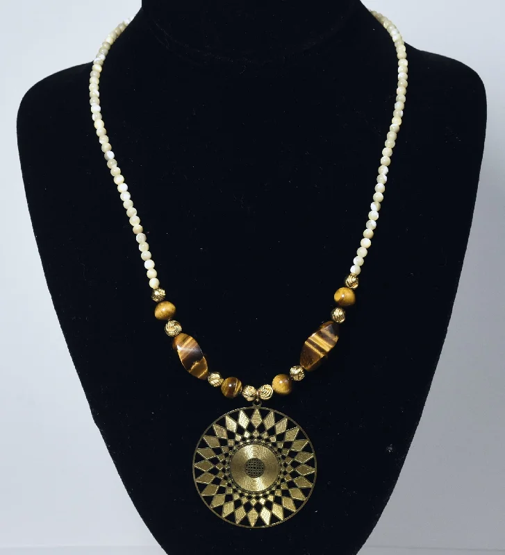 Ladies baroque splendor necklaces -Carved Shell Bead, Brass and Tiger's Eye Necklace with Brass Pendant