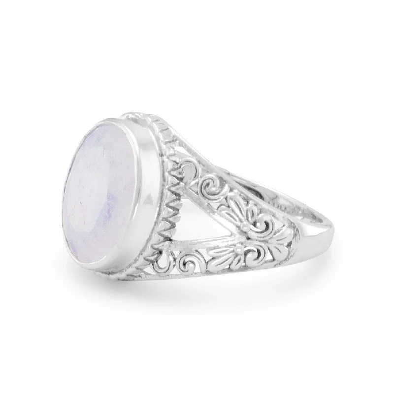 Ladies Rings with Star Shine-Sterling Silver Ornate 12mm Oval Rainbow Moonstone Ring